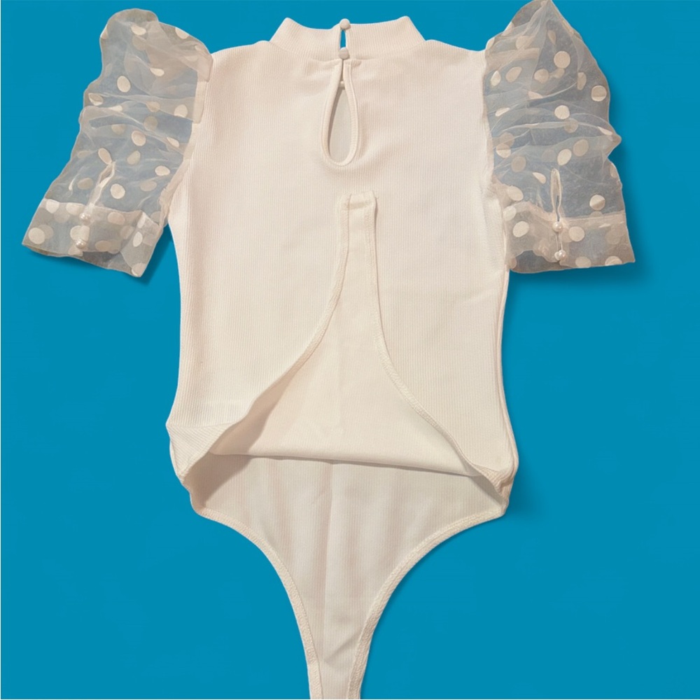 TCEC White Bodysuit with Sheer Polka Dot Sleeves - Picture 4 of 6